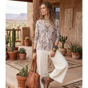 Tribal Jeans Paisley V-Neck Top Womens Medium Blue Tan Long Sleeve 6696O-4214